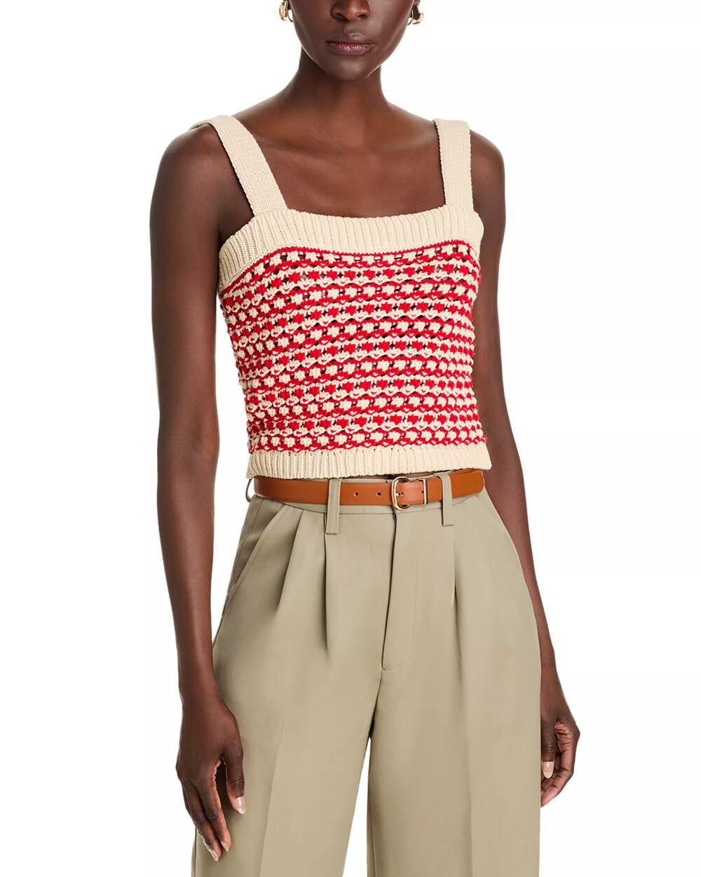 Guest in Residence Women Crochet Red/Ivory Stripe Marti Square Neck Top Size XL